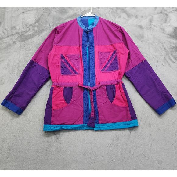 Vintage Jacket Womens M Pink Blue Nepal Reversible Packable Patchwork Belted - Picture 4 of 16